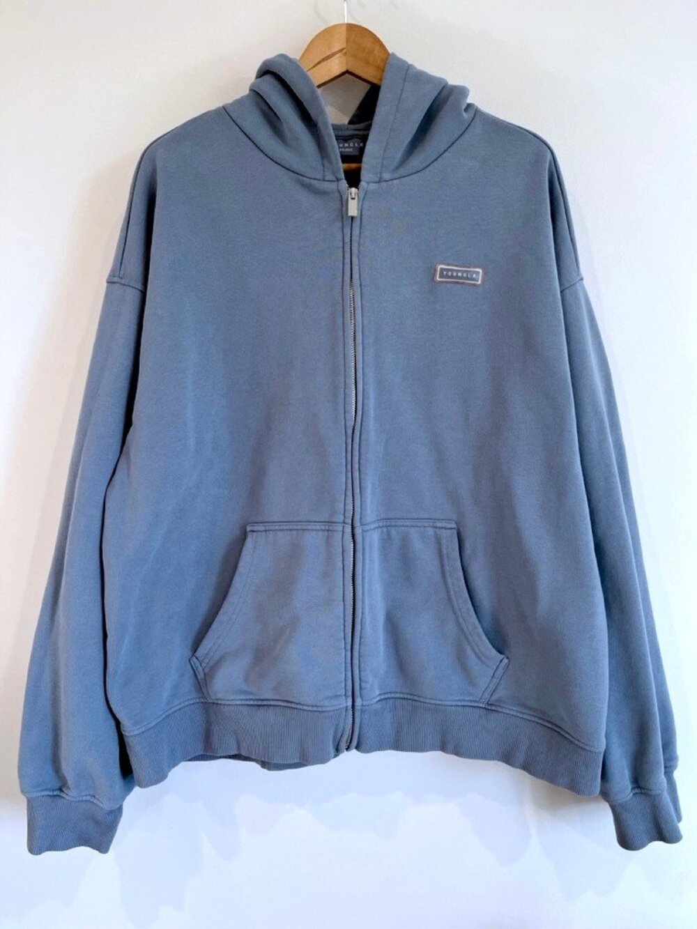 YoungLA Slate Blue Rubber Logo Full Zip Hoodie Mens XXL Oversized Athleisure